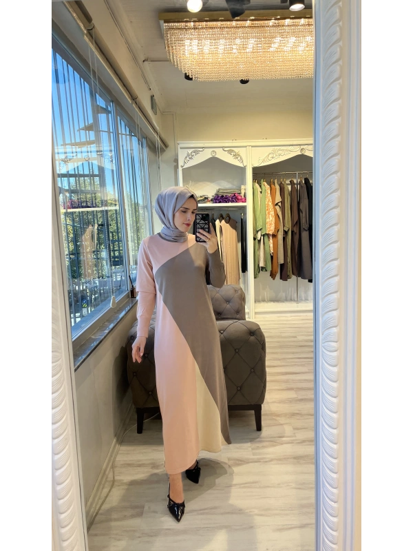 İNVEE 6989 Geometrik Somon Triko Elbise