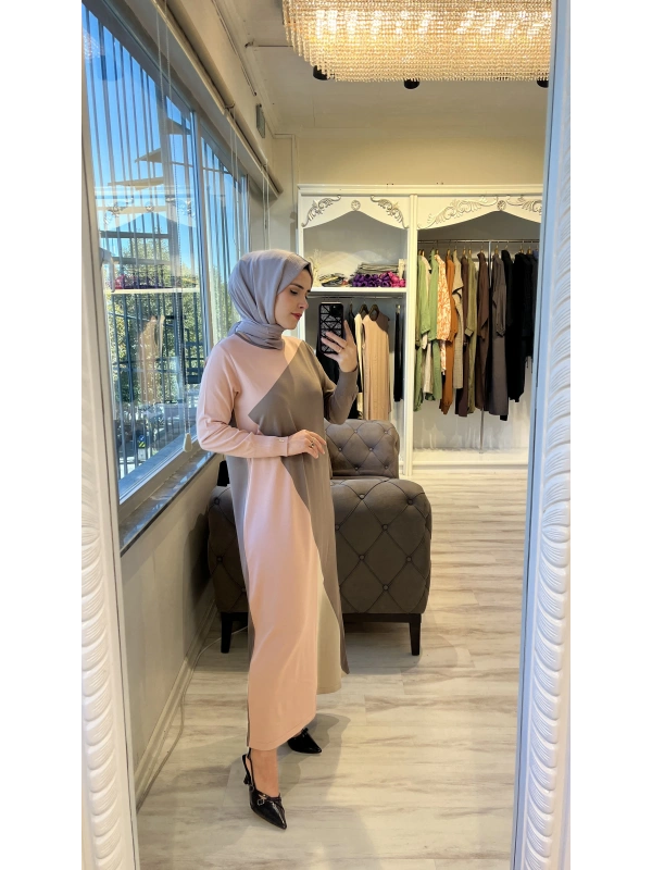 İNVEE 6989 Geometrik Somon Triko Elbise