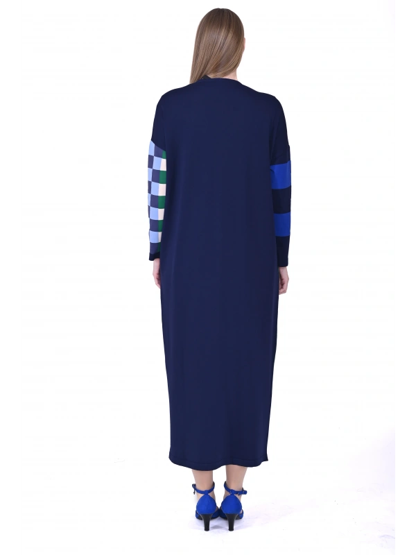 İNVEE 7001 Geometrik Desenli Lacivert Triko Elbise