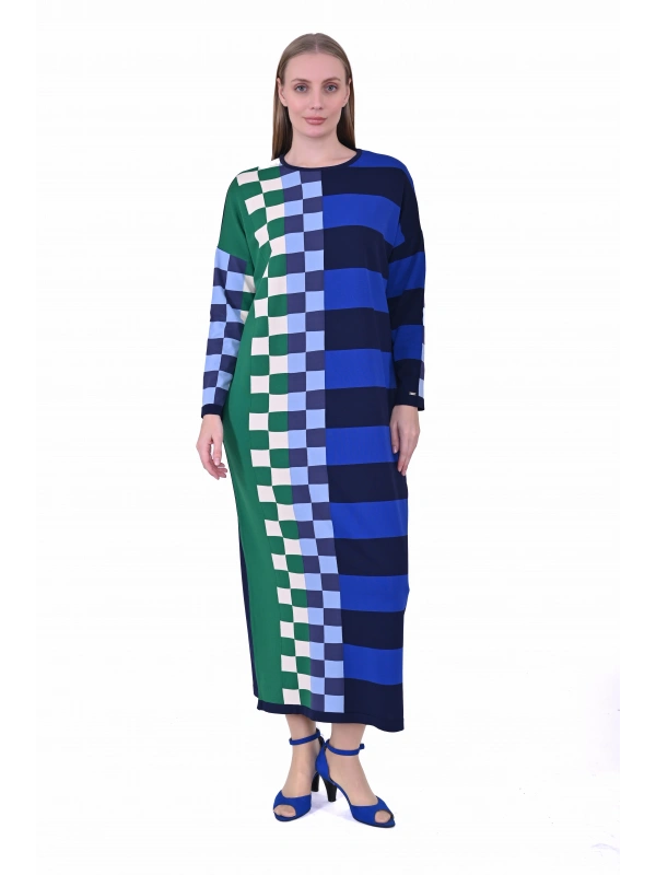 İNVEE 7001 Geometrik Desenli Lacivert Triko Elbise