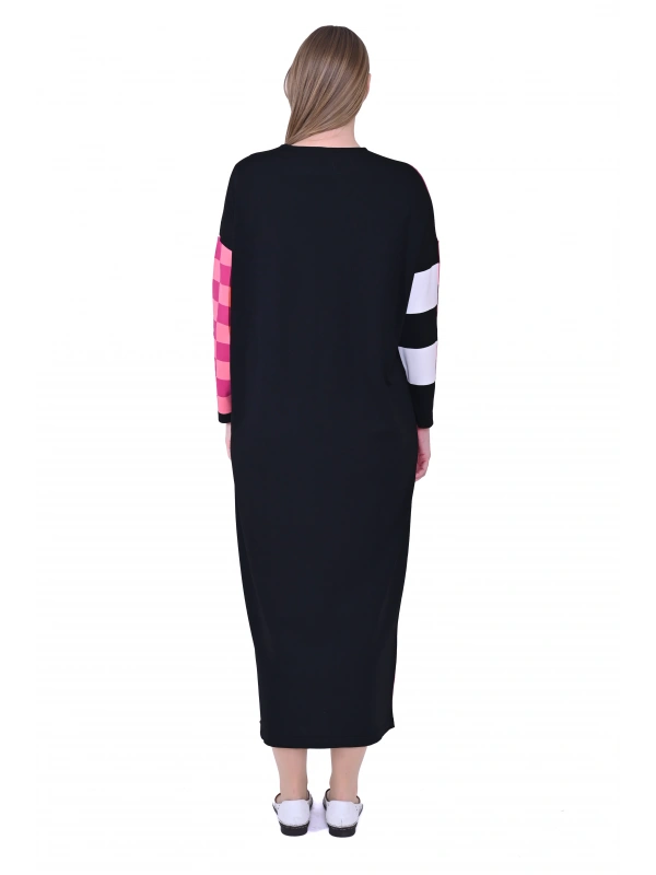 İNVEE 7001 Geometrik Desenli Siyah Triko Elbise