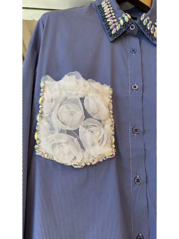 INVEE 7004 İşlemeli Mavi Gömlek