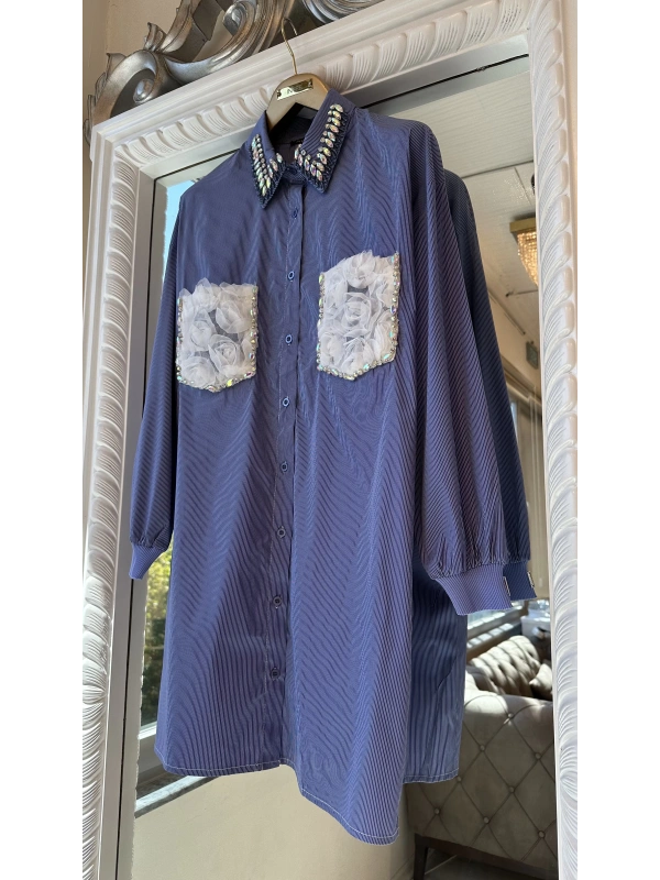 INVEE 7004 İşlemeli Mavi Gömlek