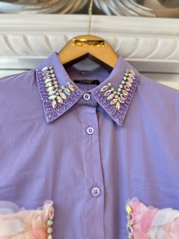 INVEE 7004 İşlemeli Lila Gömlek