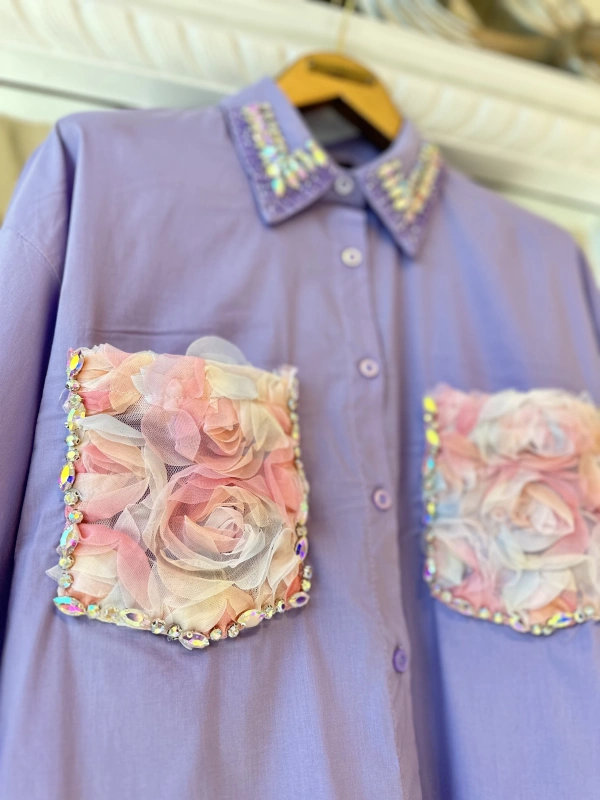 INVEE 7004 İşlemeli Lila Gömlek