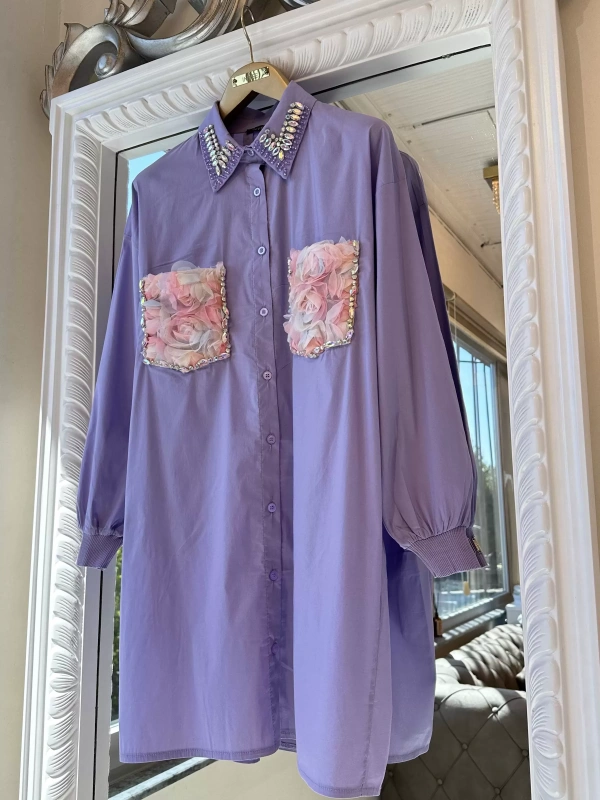 INVEE 7004 İşlemeli Lila Gömlek