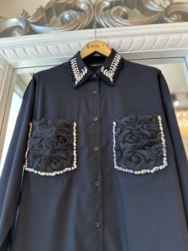 INVEE 7004 İşlemeli Siyah Gömlek