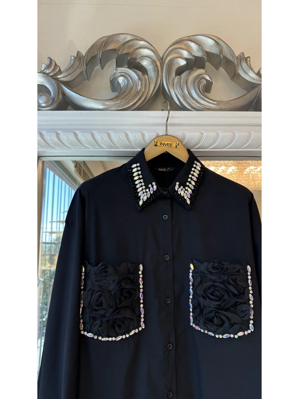 INVEE 7004 İşlemeli Siyah Gömlek
