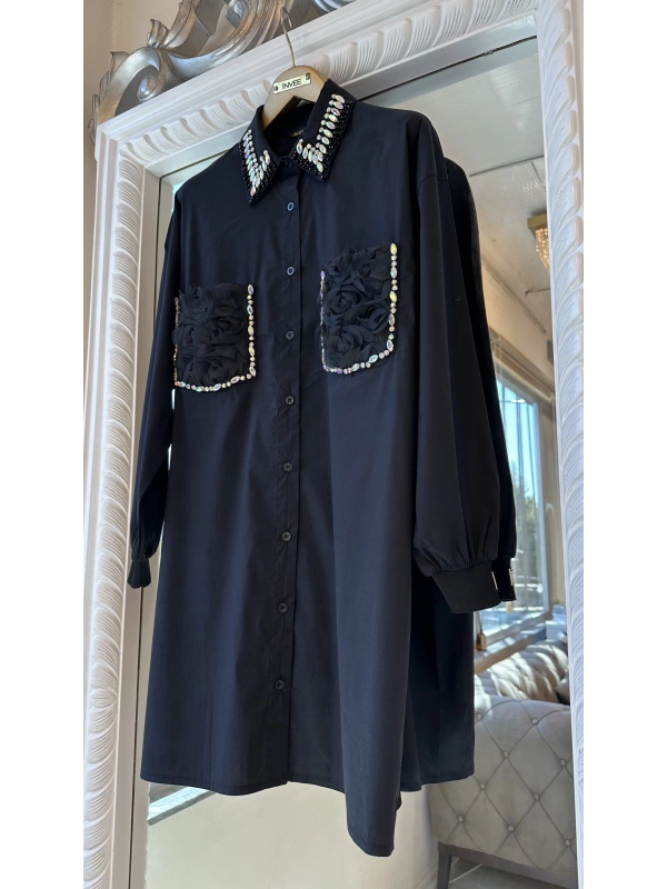 INVEE 7004 İşlemeli Siyah Gömlek