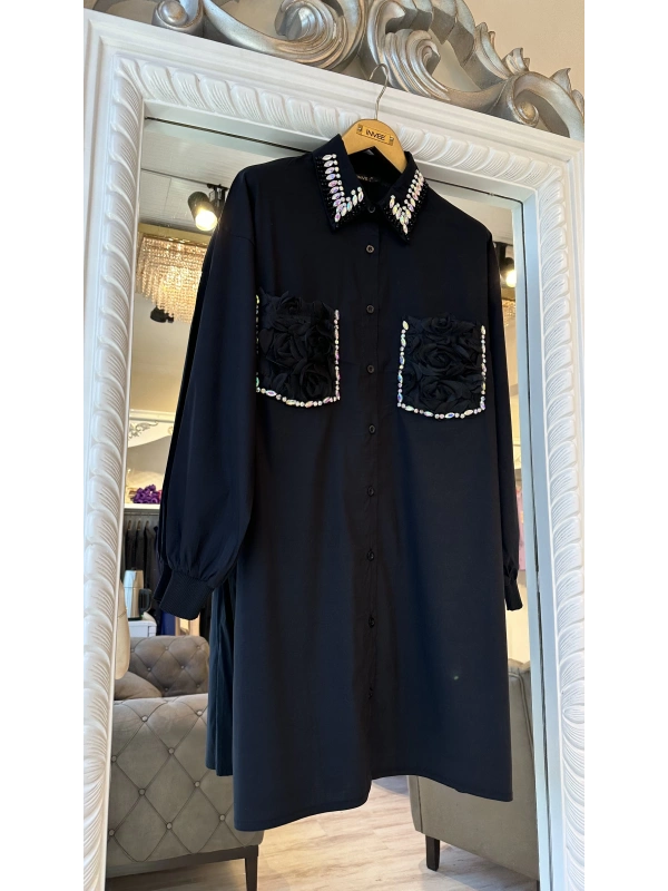 INVEE 7004 İşlemeli Siyah Gömlek