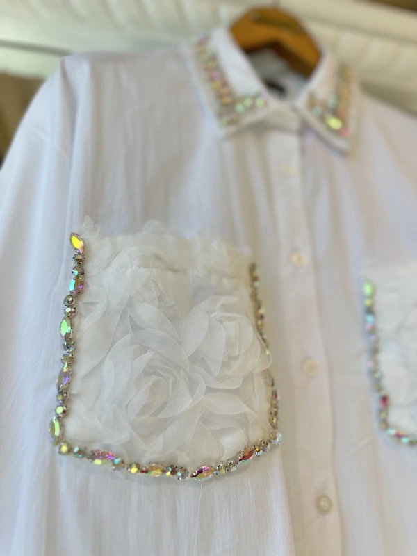 INVEE 7004 İşlemeli Ekru Gömlek