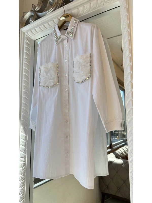 INVEE 7004 İşlemeli Ekru Gömlek