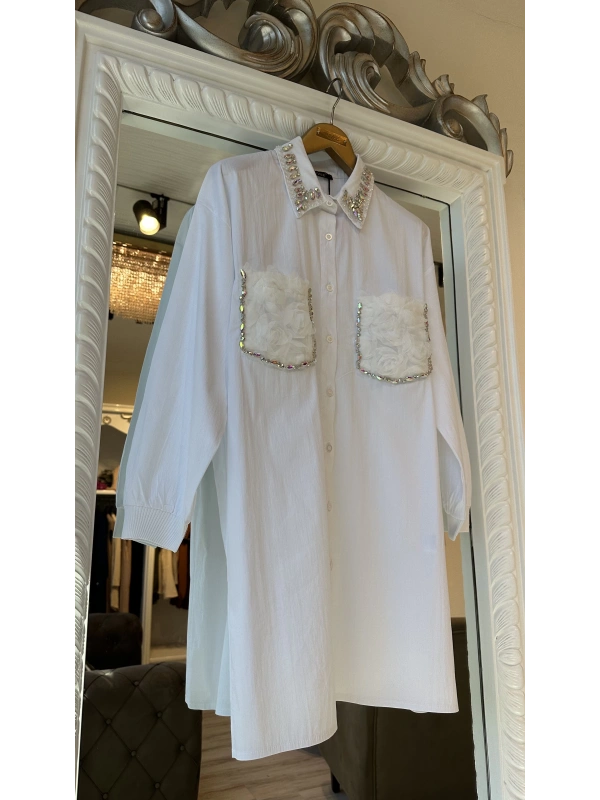 INVEE 7004 İşlemeli Ekru Gömlek