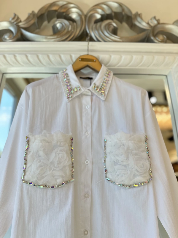 INVEE 7004 İşlemeli Ekru Gömlek