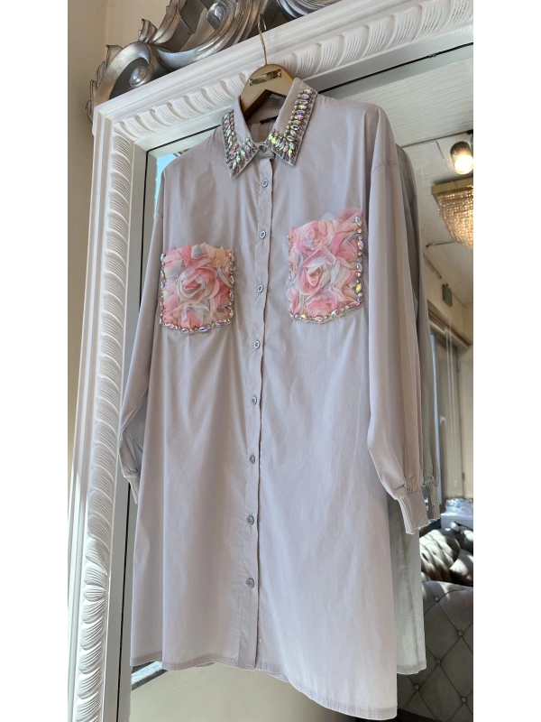 INVEE 7004 İşlemeli Gümüş Gömlek