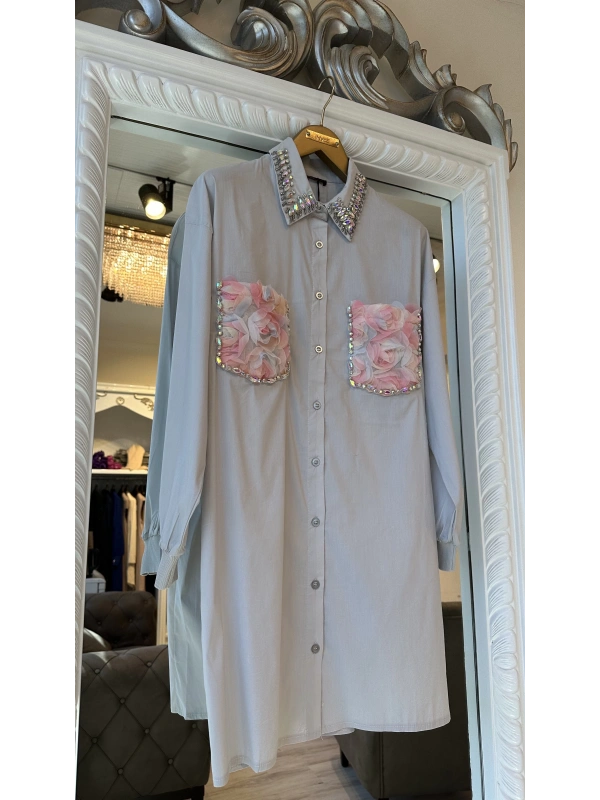 INVEE 7004 İşlemeli Gümüş Gömlek