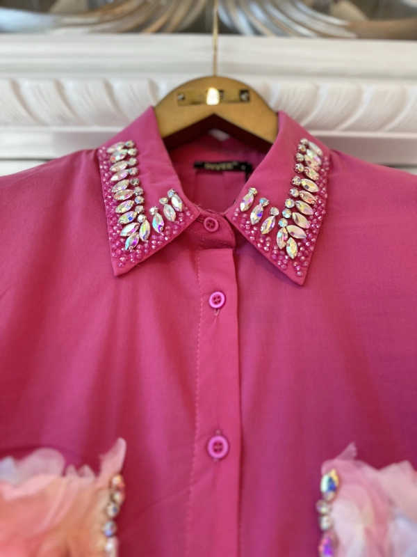 INVEE 7004 İşlemeli Fuşya Gömlek