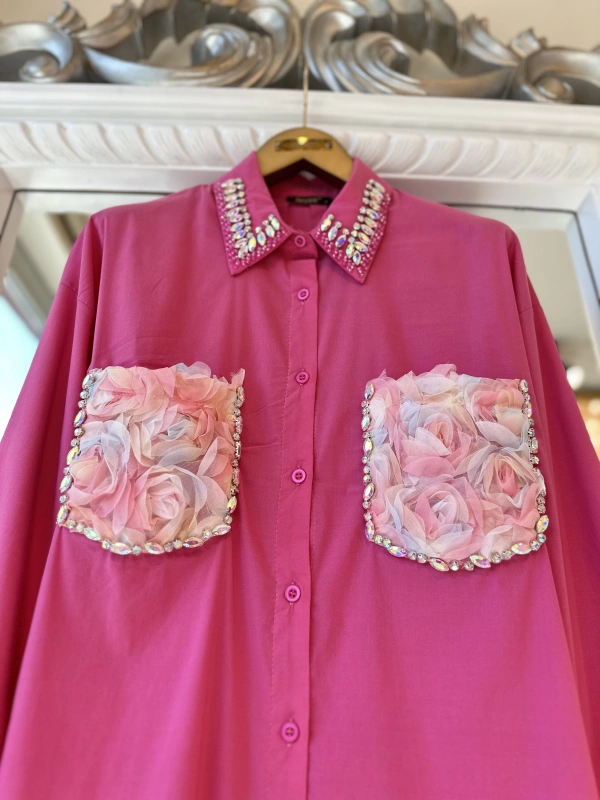 INVEE 7004 İşlemeli Fuşya Gömlek