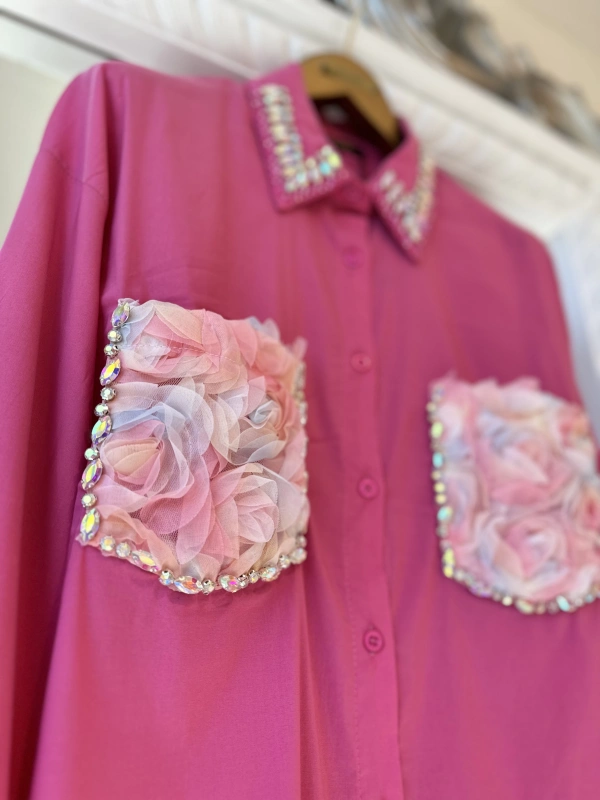 INVEE 7004 İşlemeli Fuşya Gömlek