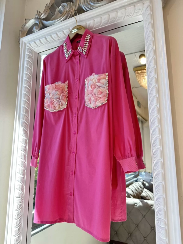 INVEE 7004 İşlemeli Fuşya Gömlek