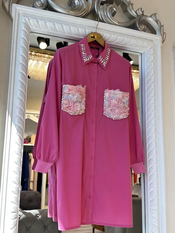 INVEE 7004 İşlemeli Fuşya Gömlek