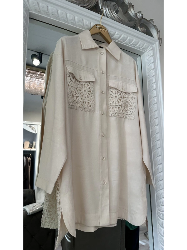 INVEE 7007 Dantelli Ekru Gömlek