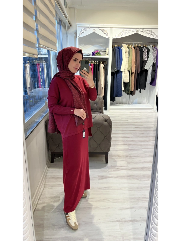 İNVEE 7015 Kloş Bordo Triko Etek