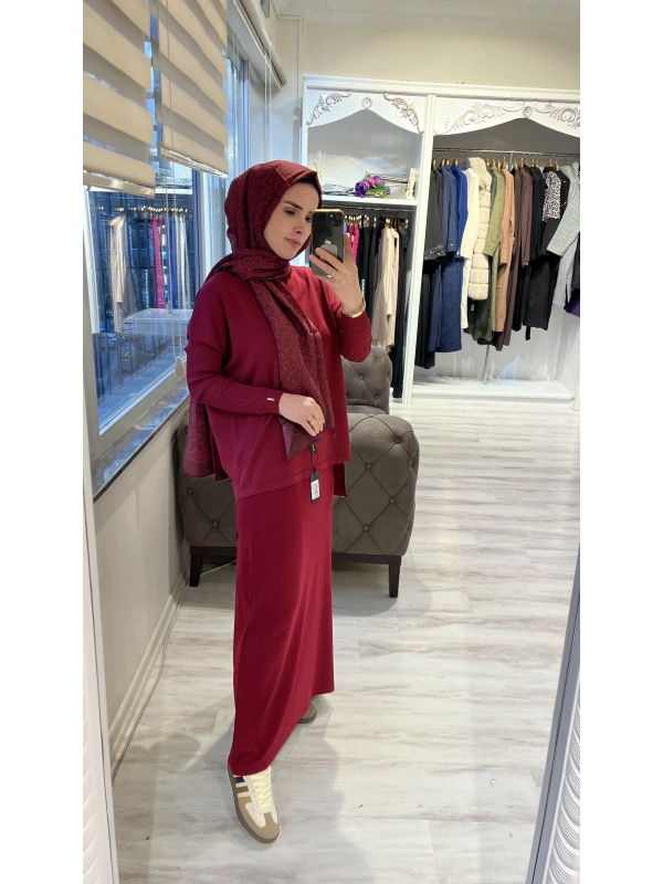 İNVEE 7015 Kloş Bordo Triko Etek