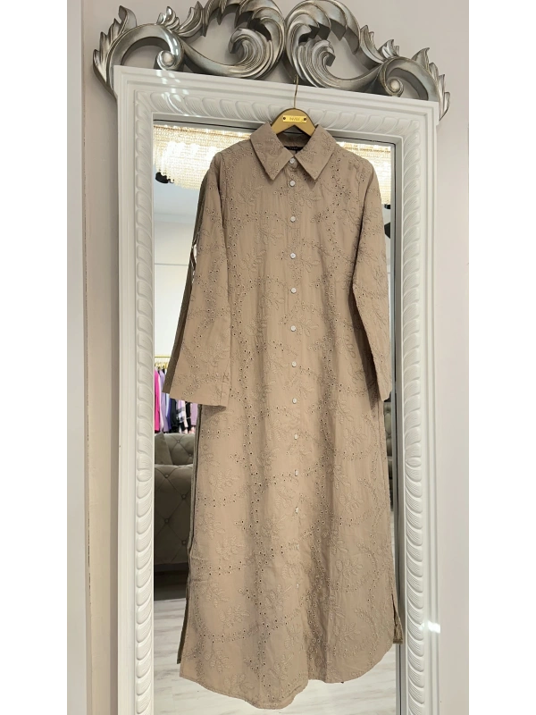 İNVEE Bej Delik İşi Gömlek Elbise