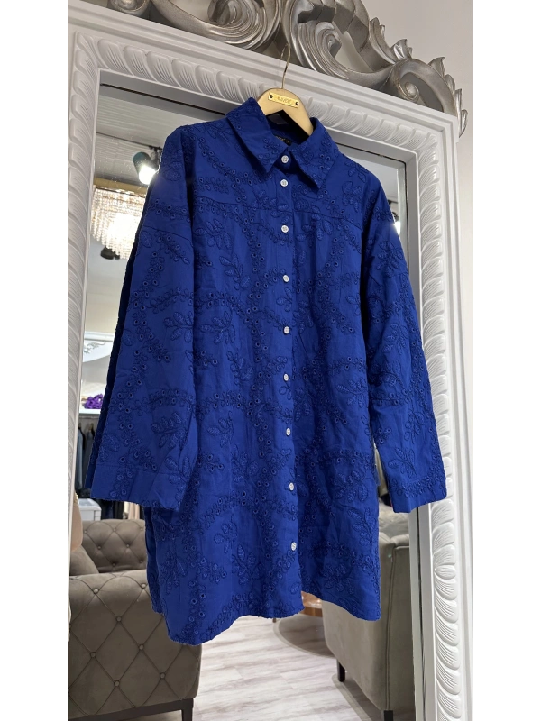 İNVEE 7019 Delik İşi İndigo Gömlek