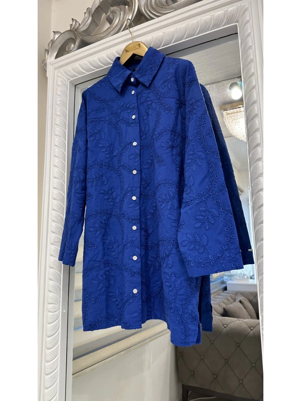 İNVEE 7019 Delik İşi İndigo Gömlek