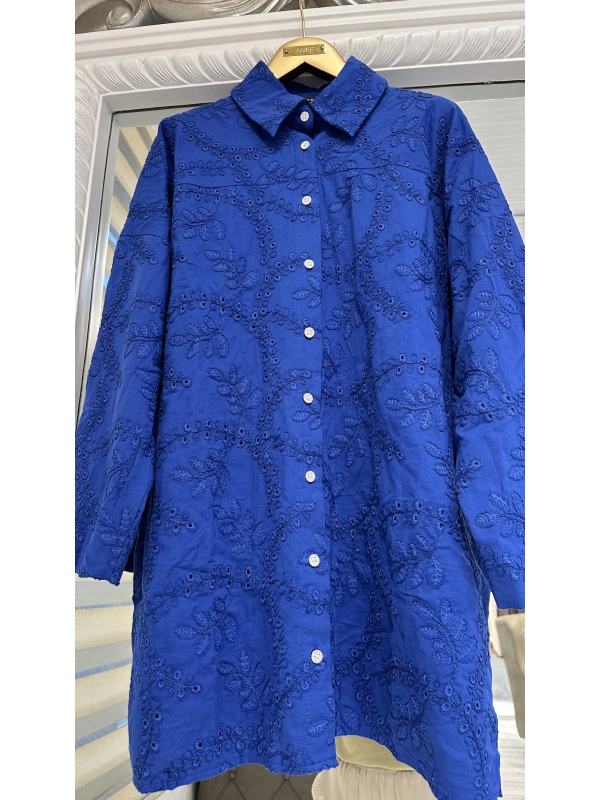 İNVEE 7019 Delik İşi İndigo Gömlek