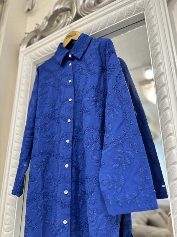 İNVEE 7019 Delik İşi İndigo Gömlek