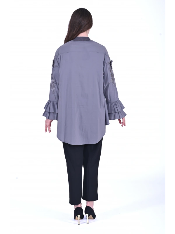 İNVEE Dantel Detaylı Fırfırlı Antrasit Gömlek