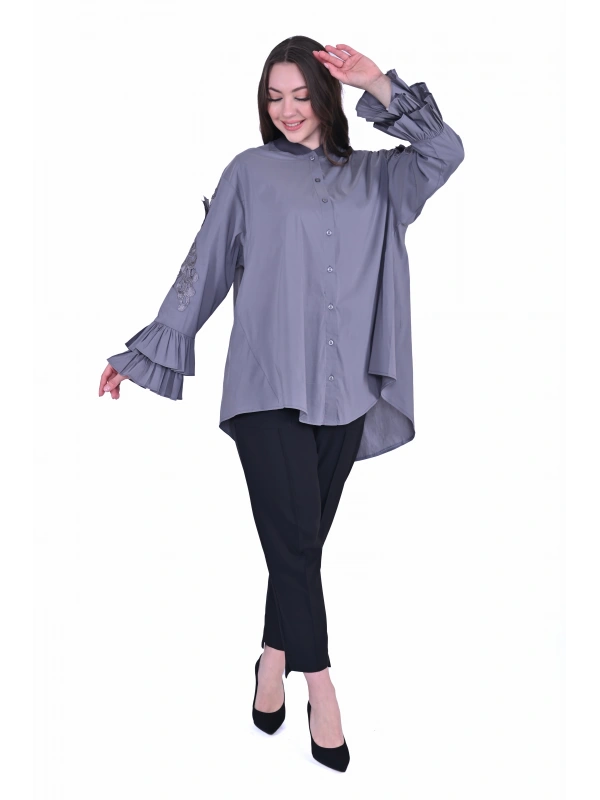 İNVEE Dantel Detaylı Fırfırlı Antrasit Gömlek