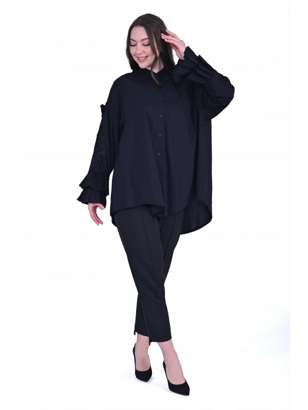 İNVEE Dantel Detaylı Fırfırlı Siyah Gömlek