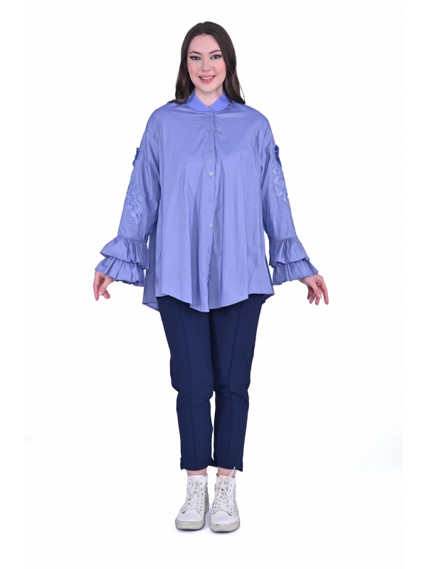 İNVEE Dantel Detaylı Fırfırlı Lila Gömlek