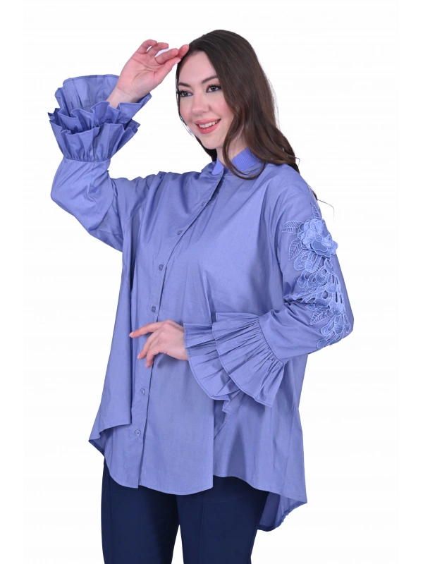 İNVEE Dantel Detaylı Fırfırlı Lila Gömlek