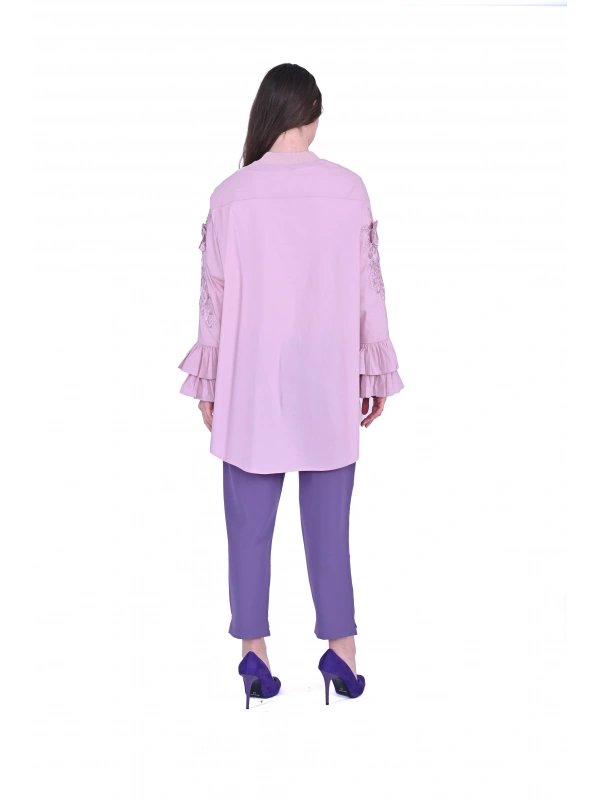 İNVEE Dantel Detaylı Fırfırlı Pembe Gömlek