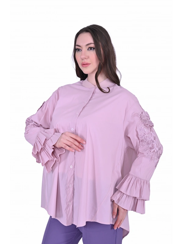 İNVEE Dantel Detaylı Fırfırlı Pembe Gömlek
