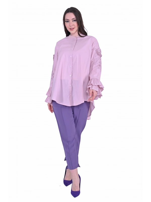 İNVEE Dantel Detaylı Fırfırlı Pembe Gömlek