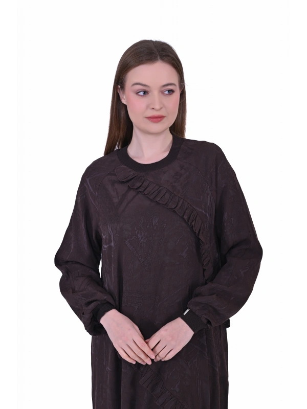 İNVEE 7024 Fırfır Detaylı Kahverengi Modal Elbise