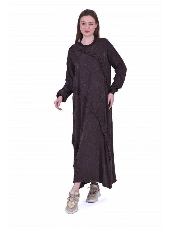 İNVEE 7024 Fırfır Detaylı Kahverengi Modal Elbise