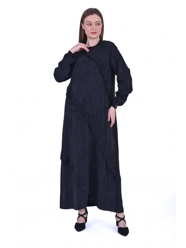 İNVEE 7024 Fırfır Detaylı Siyah Modal Elbise