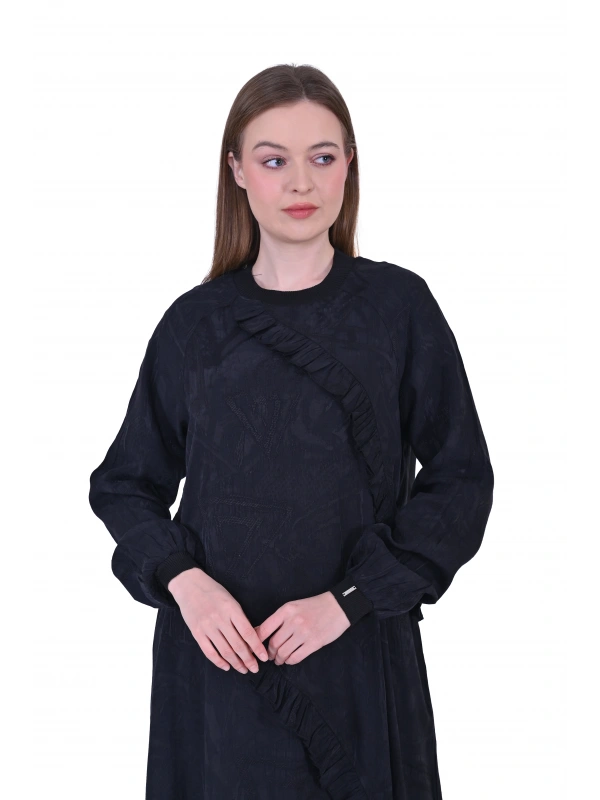 İNVEE 7024 Fırfır Detaylı Siyah Modal Elbise