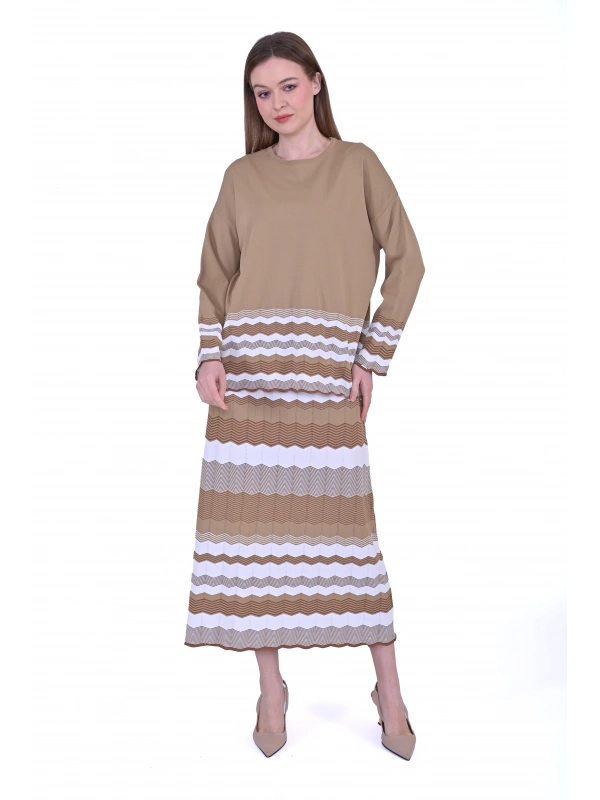 İNVEE 7028 Ekru / Camel Triko Etek