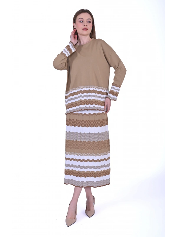 İNVEE 7028 Ekru / Camel Triko Etek