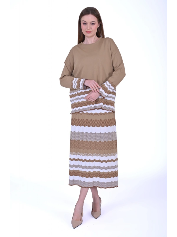 İNVEE 7028 Ekru / Camel Triko Etek