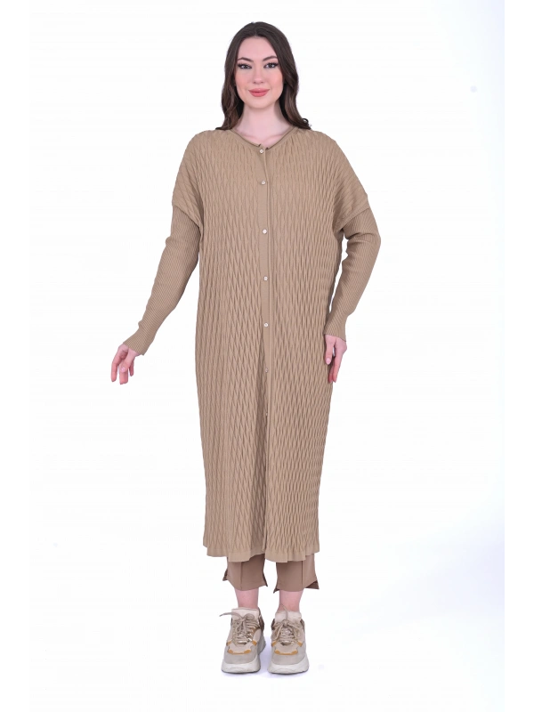 İNVEE 7029 Desenli Triko Hırka - Camel