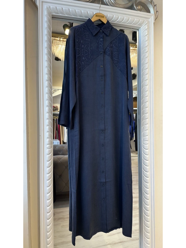 İNVEE 7032 İpek Qupra Gömlek Elbise - Lacivert